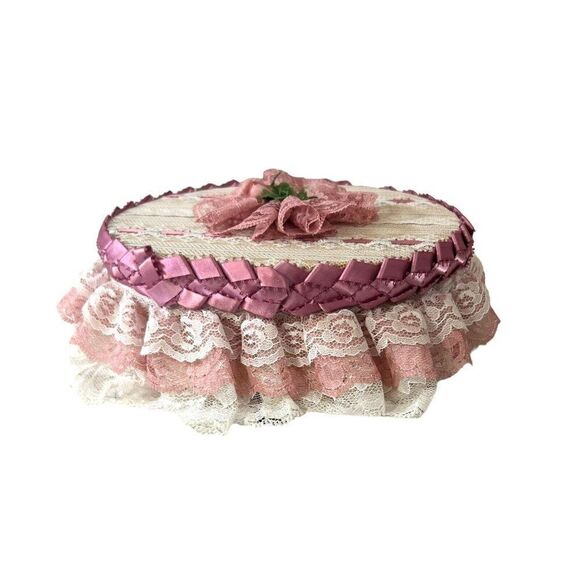 Victorian Handmade Lace Sewing Notions Trinket Box Jewelry VTG 8" Granny Core - Picture 6 of 12